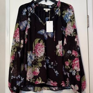 Elegant Floral Blouse with Pink and Blue Accents